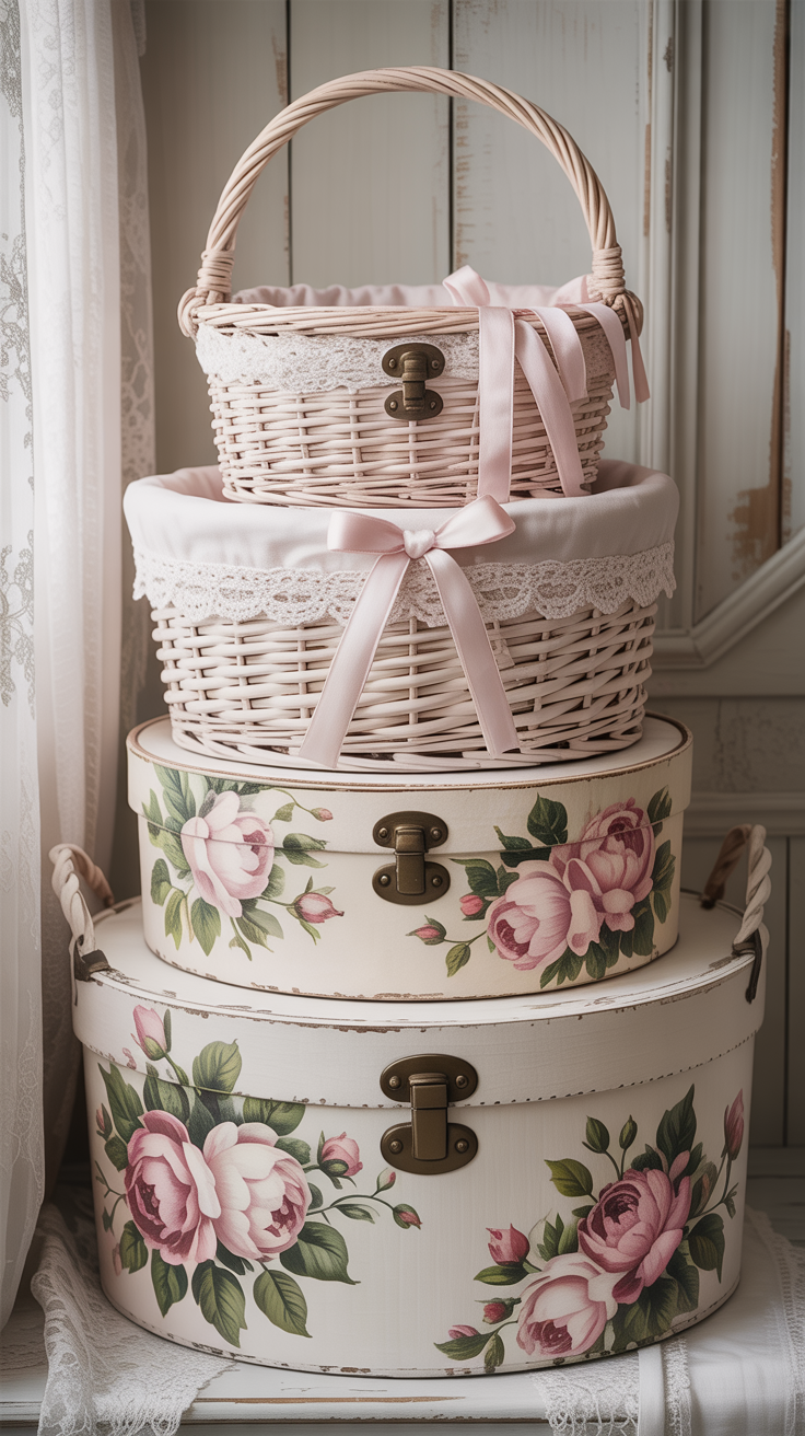 Shabby Chic Storage with Wicker and Vintage Boxes