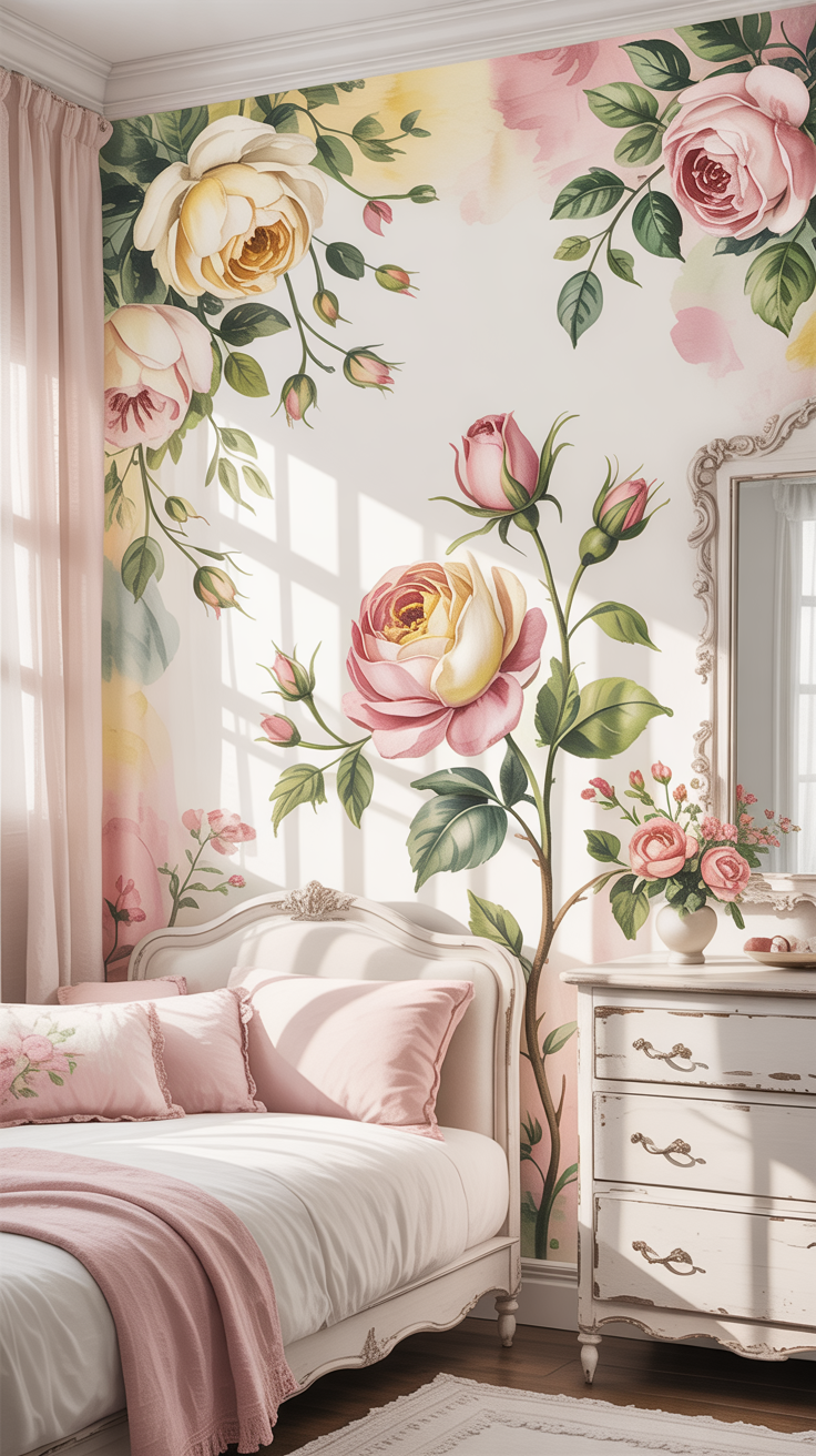 Floral Wallpaper or Stenciled Accent Wall