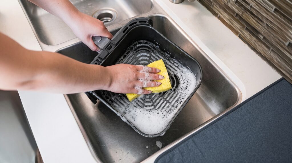 Person cleaning an air fryer basket with a sponge and soapy water