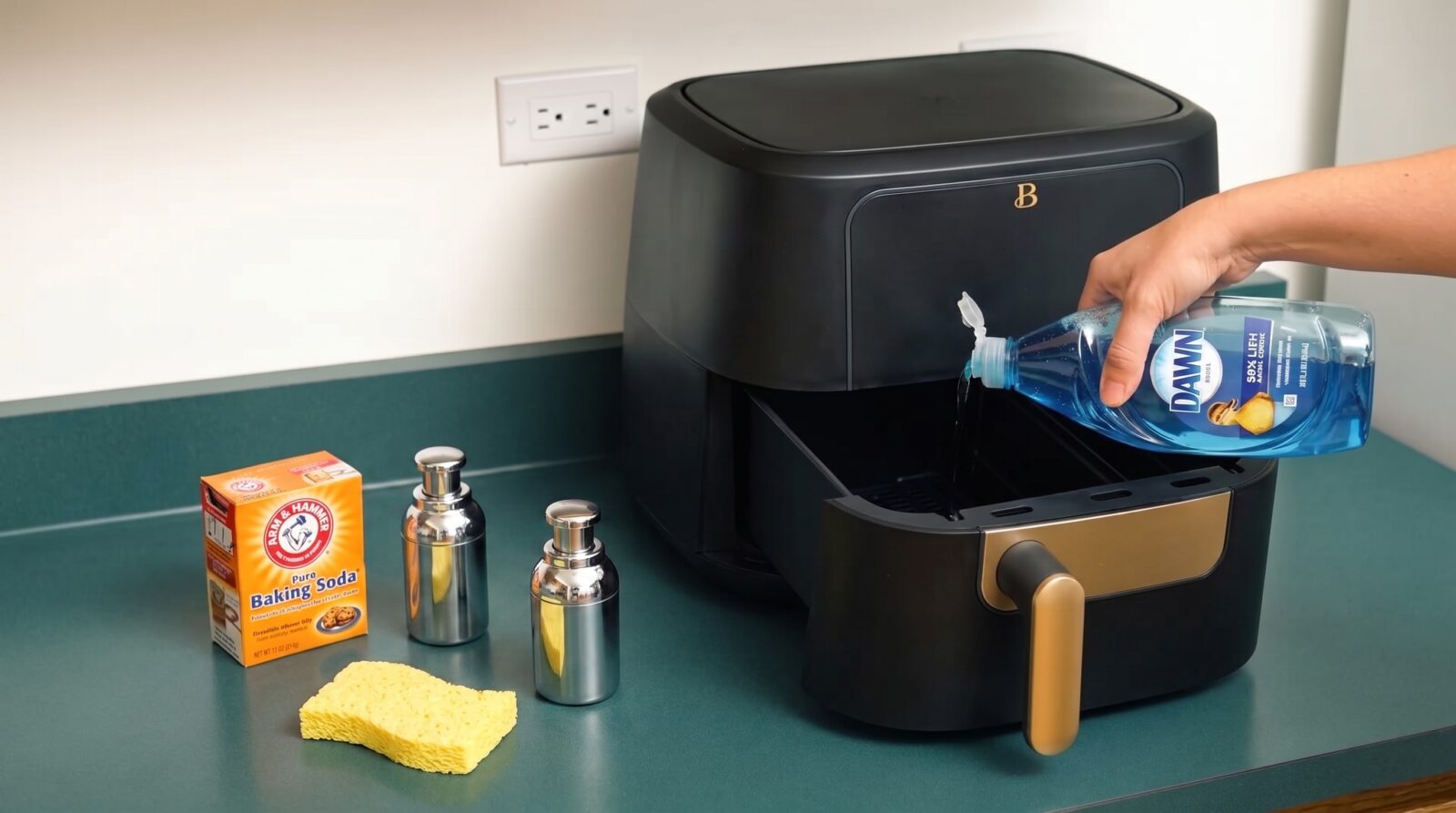 Person cleaning an air fryer basket with a sponge and soapy water