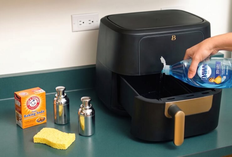 Person cleaning an air fryer basket with a sponge and soapy water